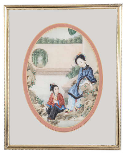 19th Century Chinese School pith /rice paper gouache oval paintings