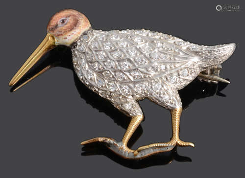 A fine and amusing 18ct gold, platinum, diamond and enamel brooch in the form of a snape