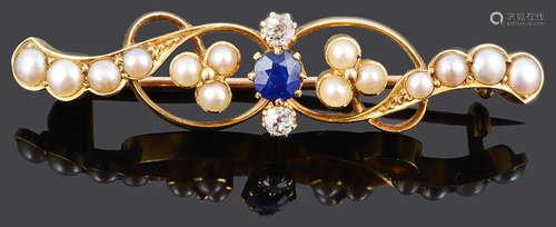 A Victorian sapphire diamond pearl scroll brooch