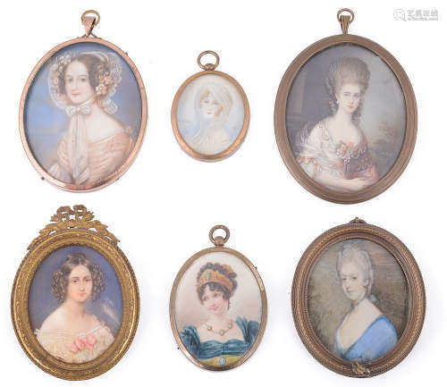 Six late 19th/early 20th century mostly continental portrait miniatures