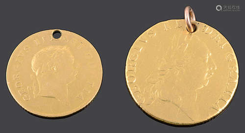 A George III gold spade Guinea, 1787 and a George III gold half Guinea, 1804