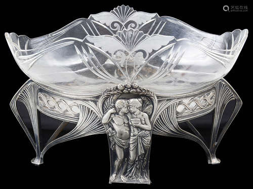 An early 20th Century German WMF Jugendstil Britannia metal and glass centrepiece bowl