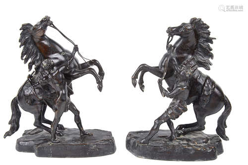 After Guillaume Coustou, (1677- 1746) pair of late 19th/20th century patinated bronze Marley horses