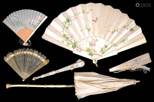 19th century horn brise fan, four other Continental and Oriental fans and an ivory and silk parasol