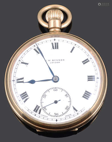 A 9ct gold Victorian J W Benson open faced pocket watch