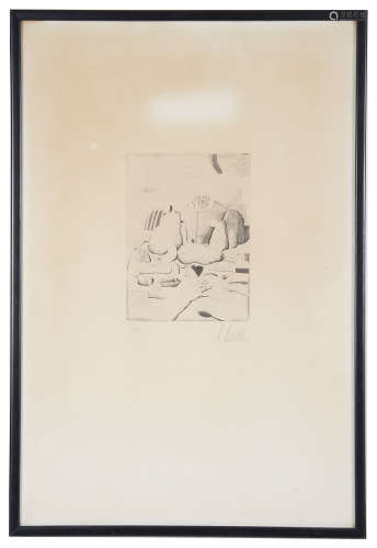 Karl Korab (Austrian, b.1937) 'Surrealist still life',drypoint etching