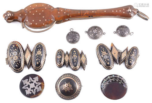 Pair of Georgian tortoiseshell pique inlaid lorgnettes; a collection of Victorian and later pique