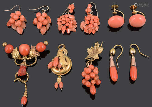 A Victorian coral drop brooch and various Victorian coral earrings