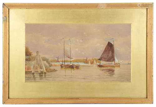 Late 19th c. Brit. School 'Coastal watercolour with barges', signed