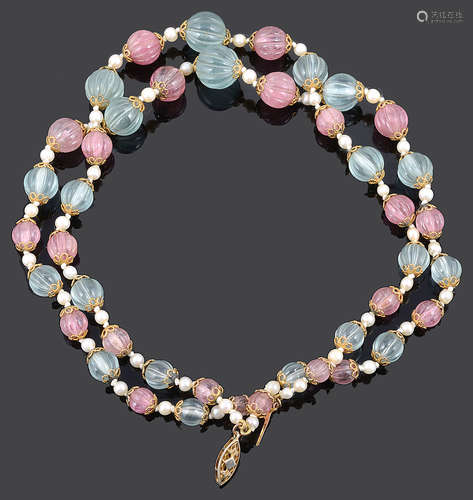 An attractive carved pink and green tourmaline bead two row necklace