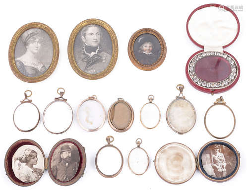 A Georgian paste set oval portrait miniature locket and others