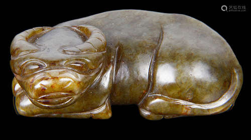 A contemporary Chinese spinach jade carving of a recumbent buffalo