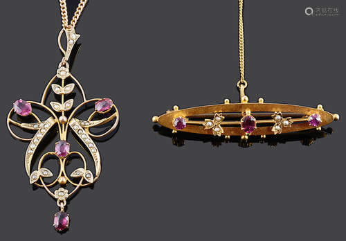 An Art Nouveau garnet and seed pearl scroll pendant and brooch