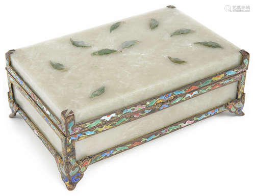 An early 20th Century Chinese celadon jadeite and enamelled silver gilt mounted table cigarette box