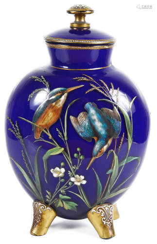 A late 19th century Aesthetic blue glass and enamelled vase and cover in the manner of Moser