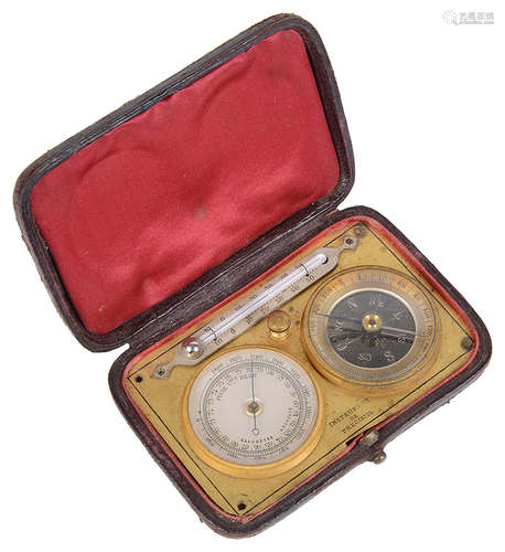 A 19th century brass Fr. pocket barometer, thermometer and compass travelling compendium