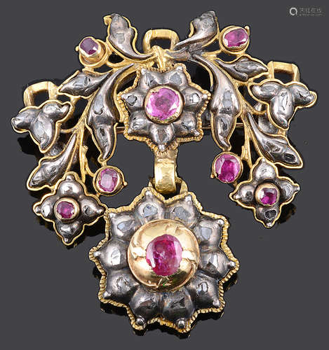 An 18th/19th Century Moghul ruby and rose diamond set pendant brooch