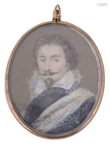 A 19th century Brit. school portrait miniature of gentleman in early 17th century style