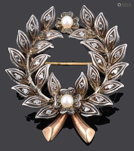 A Continental 19th Century rose diamond set laurel wreath brooch