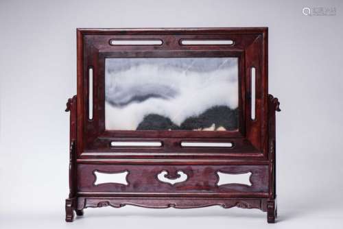 A Chinese Carved Rosewood Table Screen with Stone Inlaid