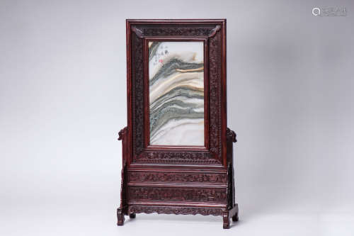 A Chinese Carved Rosewood Table Screen with Stone Inlaid