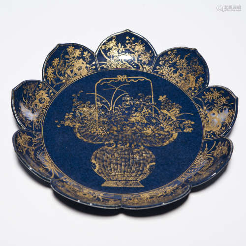 A Chinese Blue Ground Porcelain Plate with Golden Pattern