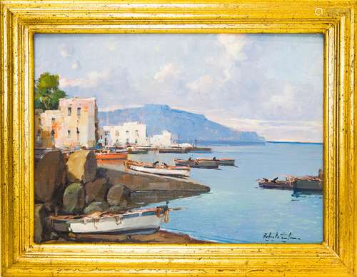 Fontana Fortunato (Naples, 1936). Mediterranean seashore. 30cm x 40cm, oil paint on canvas