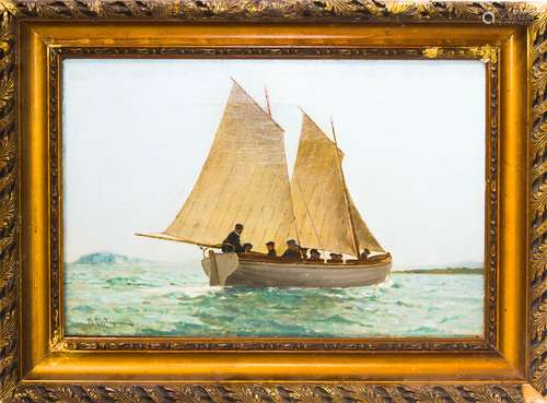 Michele Cortegiani (Palermo 1857 – Tunisi 1919). Sailor on a sail-ship . 24cm x 40cm. Oil paint on