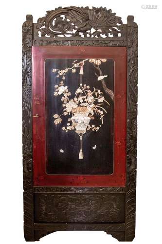 Corner cupboard. Door decorated with big flower basket with ivory and pearl details. China, 20th