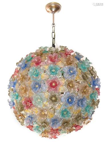 Big, Murano glass chandelier, with flower decorations. 20th century. Diameter cm 50