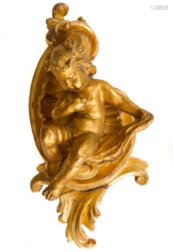 Small golden baked clay and golden wood putto. H cm 40