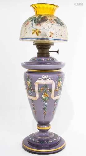 Petrol lamp in opaline, with varnished decorations and painted glass goblet. 19th century. H 75cm