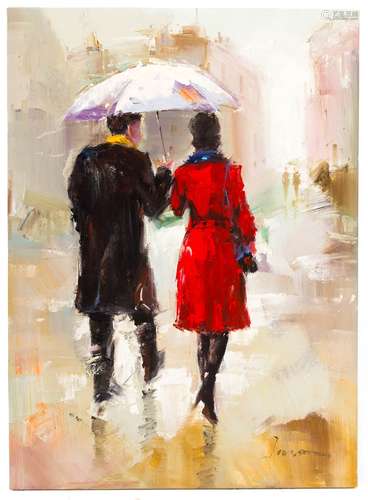 20th century painter. Lovers in the rain . 70x50, oil paint on canvas. Signed by Jacson