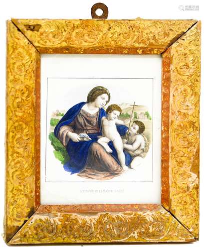 Watercolored print, 19th century. Virgin Mary with child in imperial frame. Cm 17x13