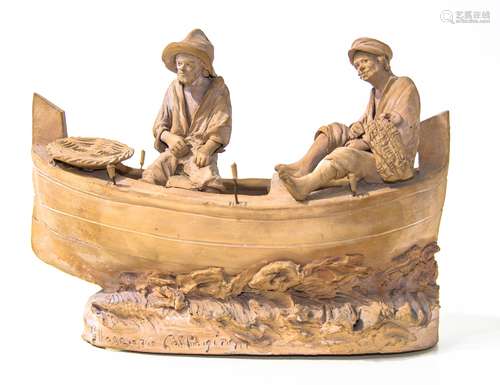 Giacomo Vaccaro (Caltagirone 1847- Caltagirone 1931). Baked clay sculpture. Boat and characters.