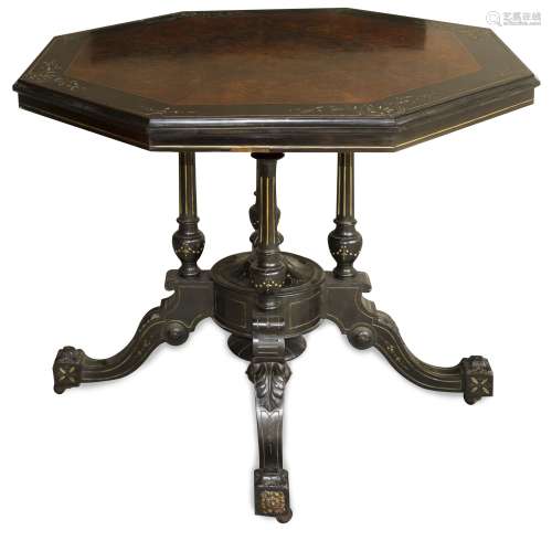 Octagonal shaped table, 19th century. Black ebonized base, surface decorations in ebony root. H cm