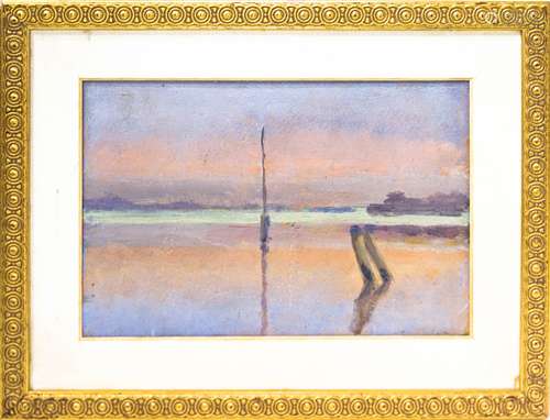 Painter from the 20th century. Veneto lagoon at sunset. 16cm x 24cm, oil on cardboard.