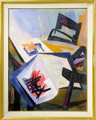 Giovanni Alico (Catania, 1906 - Milan, 1971). Still life with book. 79cm x 59cm, oil paint on