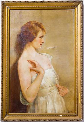 Italian painter from the early 20th century. Woman. 76cm x 48cm, oil paint on canvas. Signed by B.