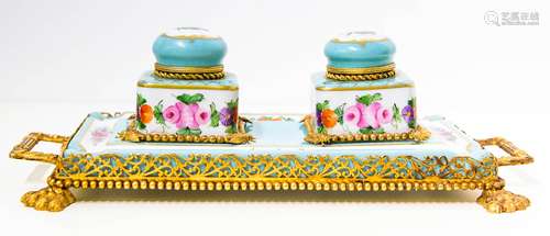 Limoges, Porcelain inkwell, France. 20th century. Plate cm 29x16