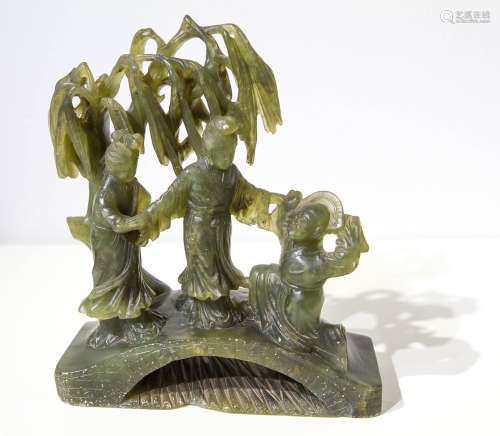 Jade statuette. Three people on a bridge and a tree. From Cina. Minor chips.