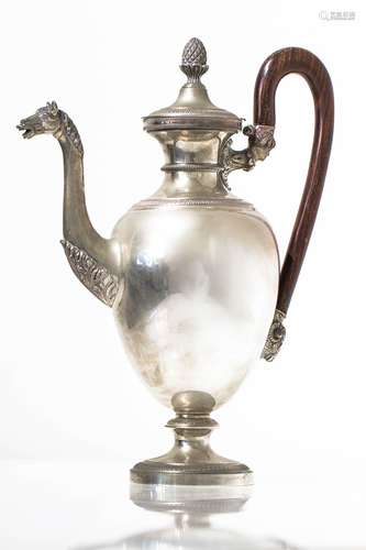 Silver 800 teapot, with horse head shaped spout - wooden handle. Florence, early 1900s. Gross weight