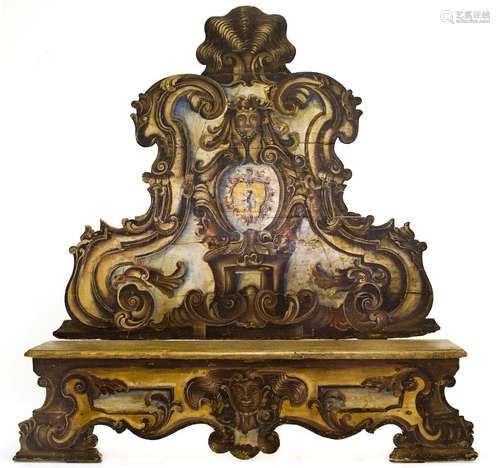 Lacquered bench with large leaves painted backrest and central blazon with painted, XVIII Century,