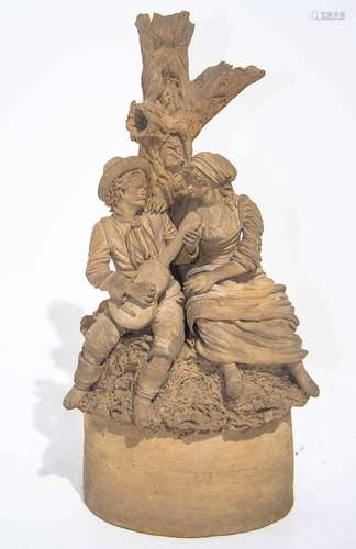 Giacomo Morretta, Caltagirone, 20th century. Baked clay sculpture, Musician and woman. H cm 34