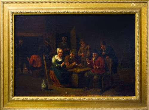 Flemish painter of the XVIII Century. Smoking in an interior. 36,5x54, Oil painting on canvas