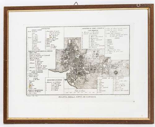 Cosimo Adamo. Map of the city of Catania. Field survey by Sebastiano Ittar. 34x45, Engraving.