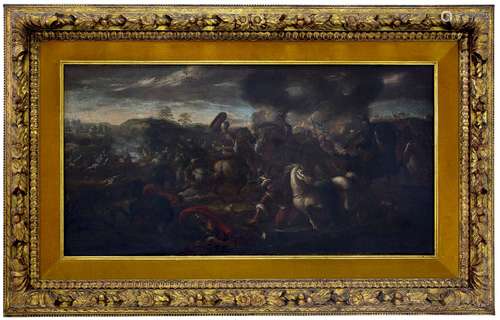 Italian painter from the early 17th century. Battle, 50x98. Oil paint on canvas