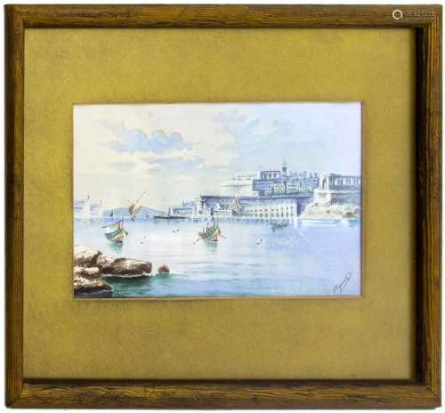 Vincenzo Esposito (Malta 1886 - Benevento 1946), Valletta Harbour, Malta 17x 34, Gouache. Signed