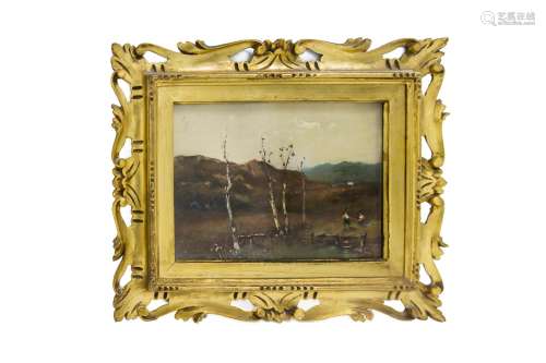 Swiss painter form the 19th Century. Landscape with trees. 31x22, oil paint on cardboard.
