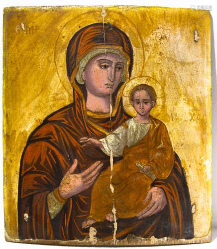 Veneto-cretese School. 16th century. Virgin Mary and baby. Cm 36x32, Tempera painted icon on fir